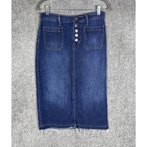 Gap Button Fly Patch Pocket Raw Hem Blue Denim Maxi Skirt‎ Womens Size 27 Petite